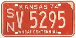 Kansas 1974 car license plate Shawnee county #SN V-5295