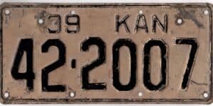 Kansas 1939 car license plate Jackson county #42-2007