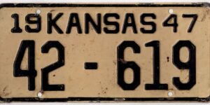 Kansas 1947 car license plate Jackson county #42-619