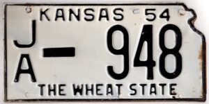 Kansas 1954 car license plate Jackson county #JA-948