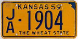 Kansas 1959 car license plate Jackson county #JA-1904