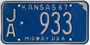 Kansas 1967 car license plate Jackson county #JA-933