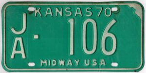 Kansas 1970 car license plate Jackson county #JA-106