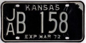Kansas 1972 car license plate Jackson county #JA B-158