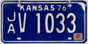 Kansas 1980 car license plate Jackson county #JA V-1033