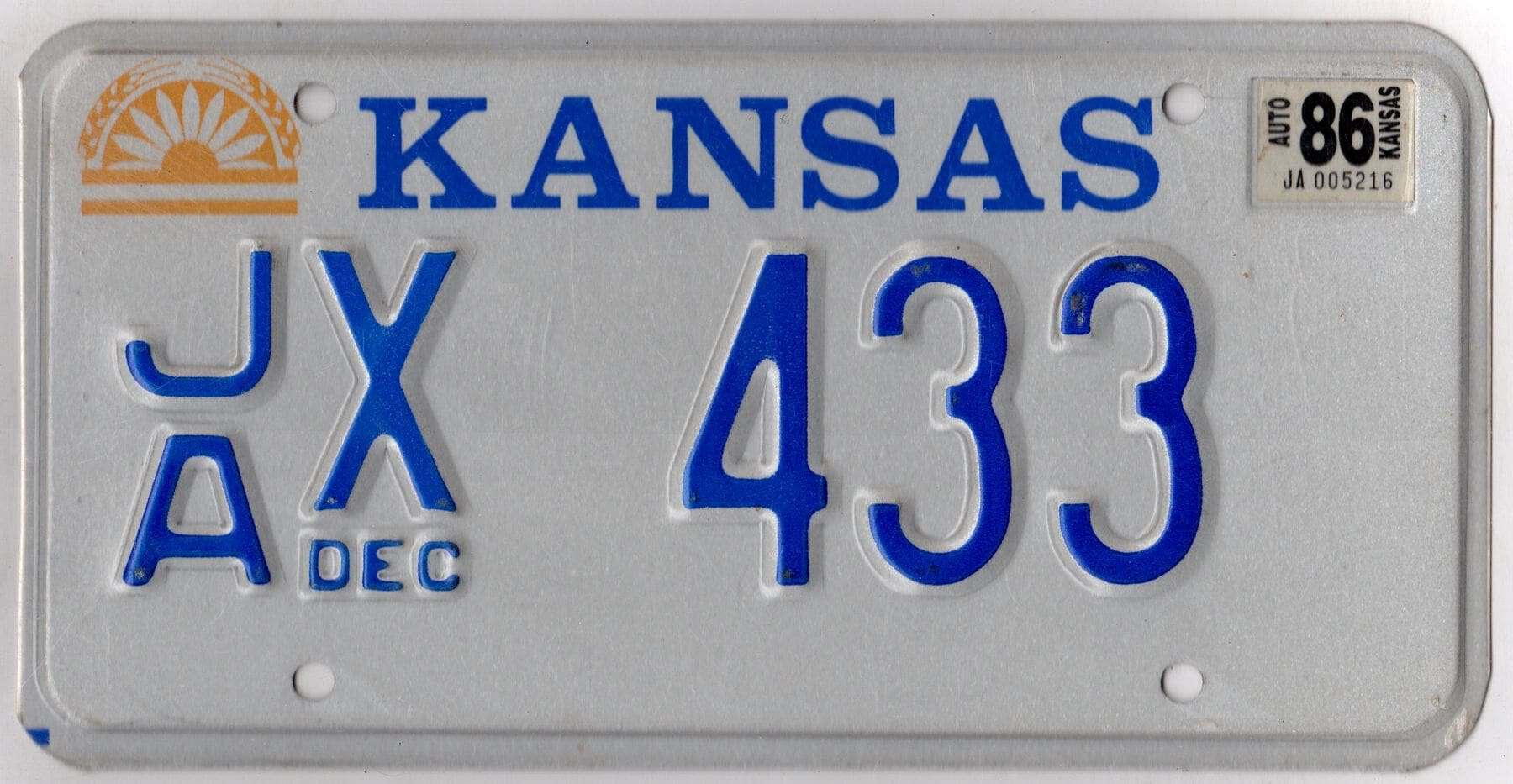 Kansas 1986 car license plate Jackson county #JA X-433
