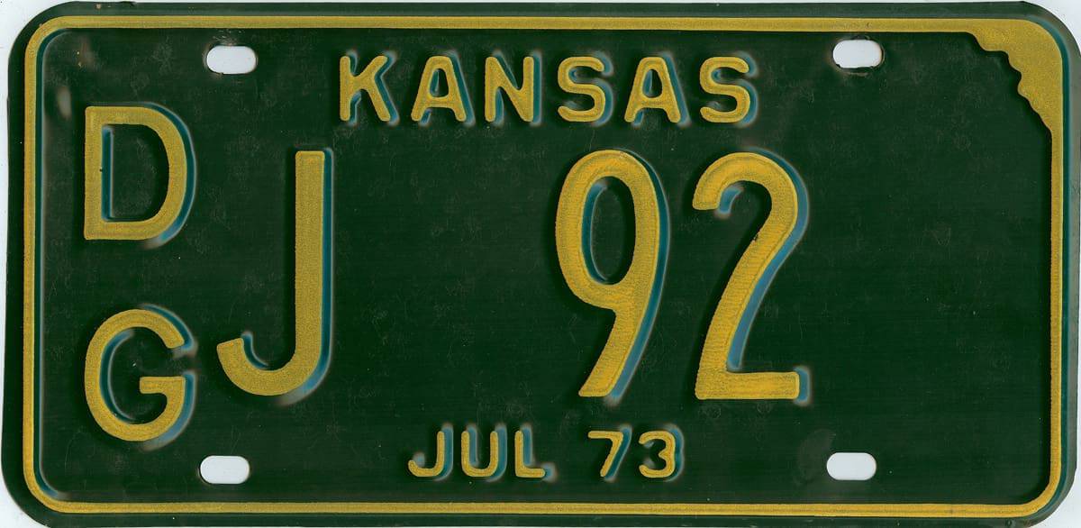 1973 Kansas Car License Plate #DGJ-92