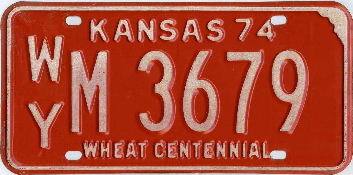 1974 Kansas Car License Plate #WYM-3679