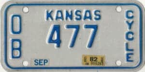 1982 white Kansas Motorcycle License Plate #OB-477