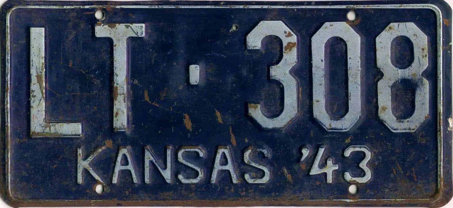 Kansas 1943 lost truck license plate #LT-308