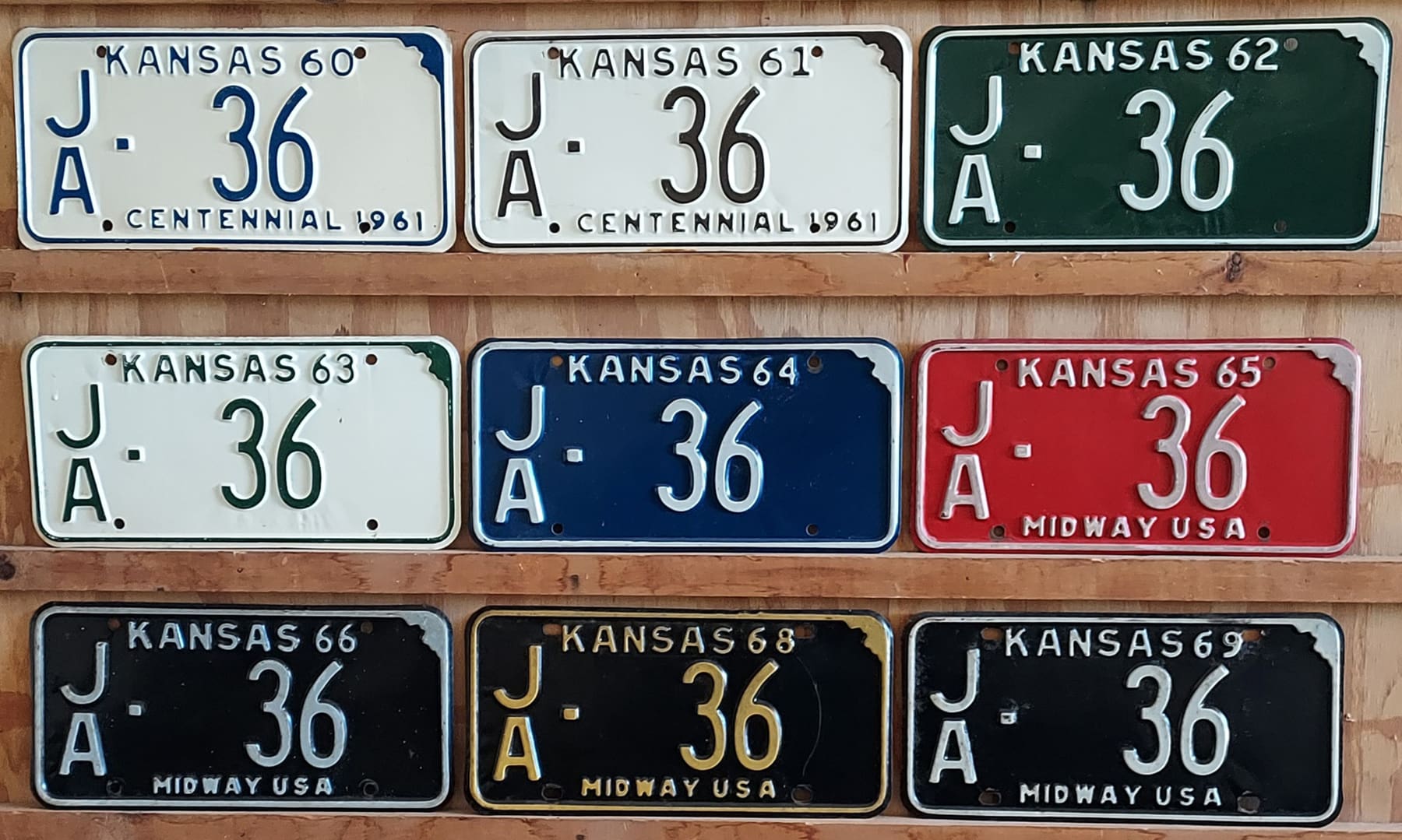Kansas 1960 1961 1962 1963 1964 1965 1966 1968 1969 car license plate lot Jackson county #JA-36