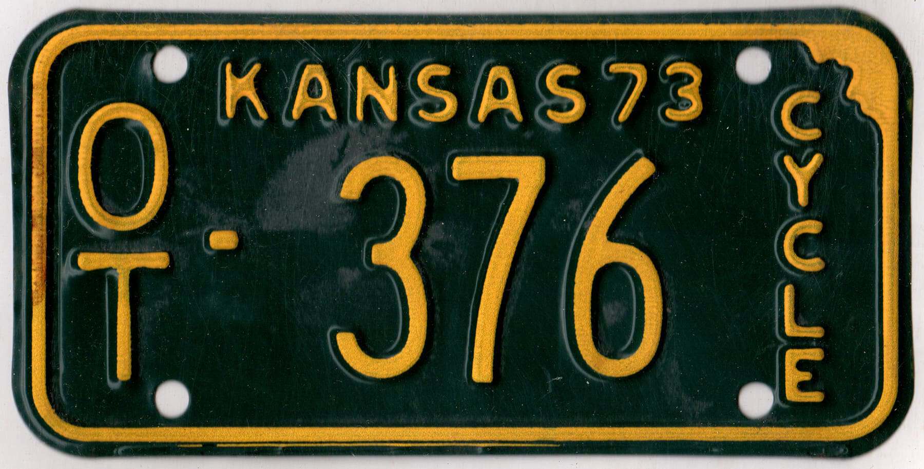 Kansas 1973 motorcycle license plate Ottawa county #OT-376