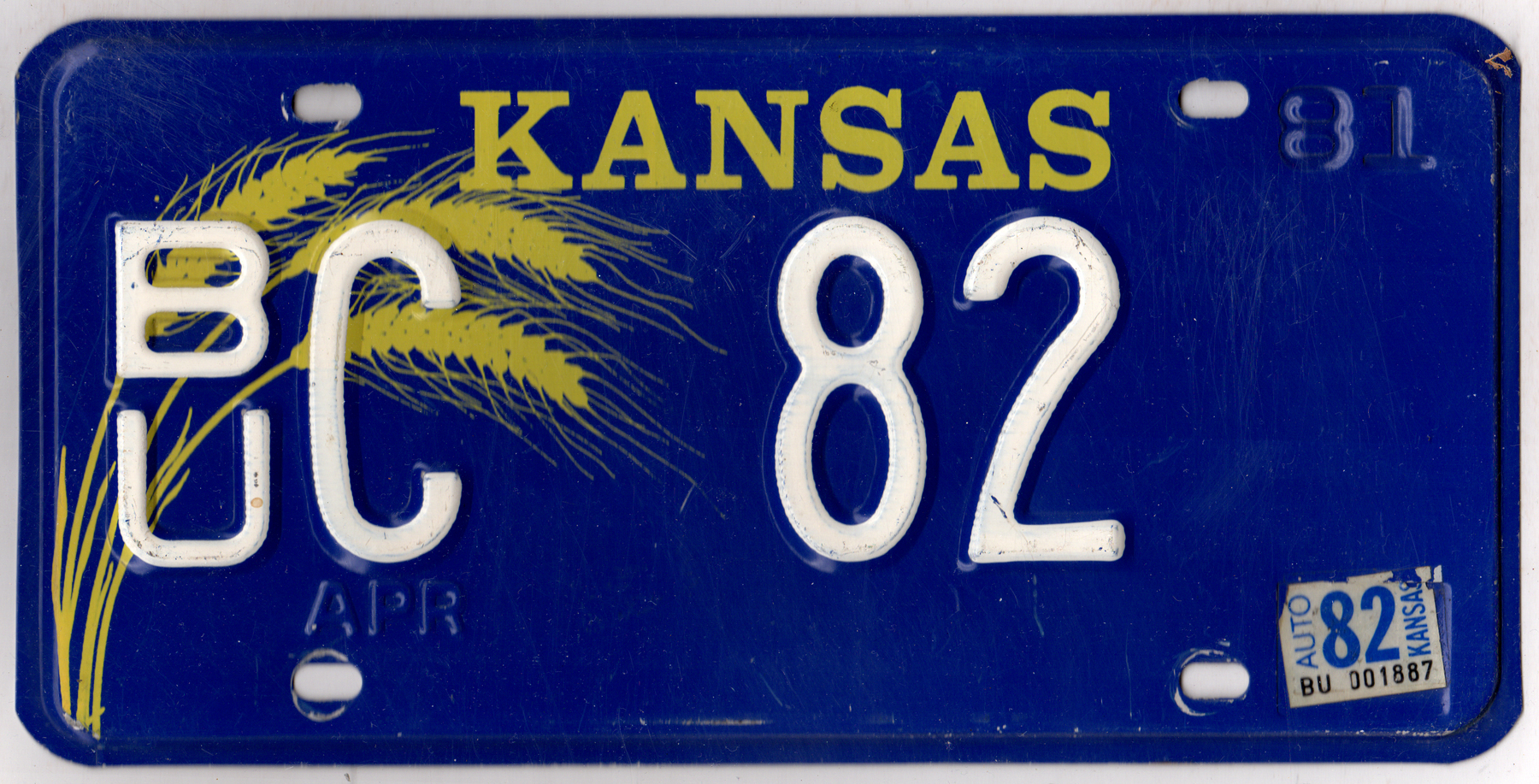 Kansas 1982 car license plate Butler county #BU C-82