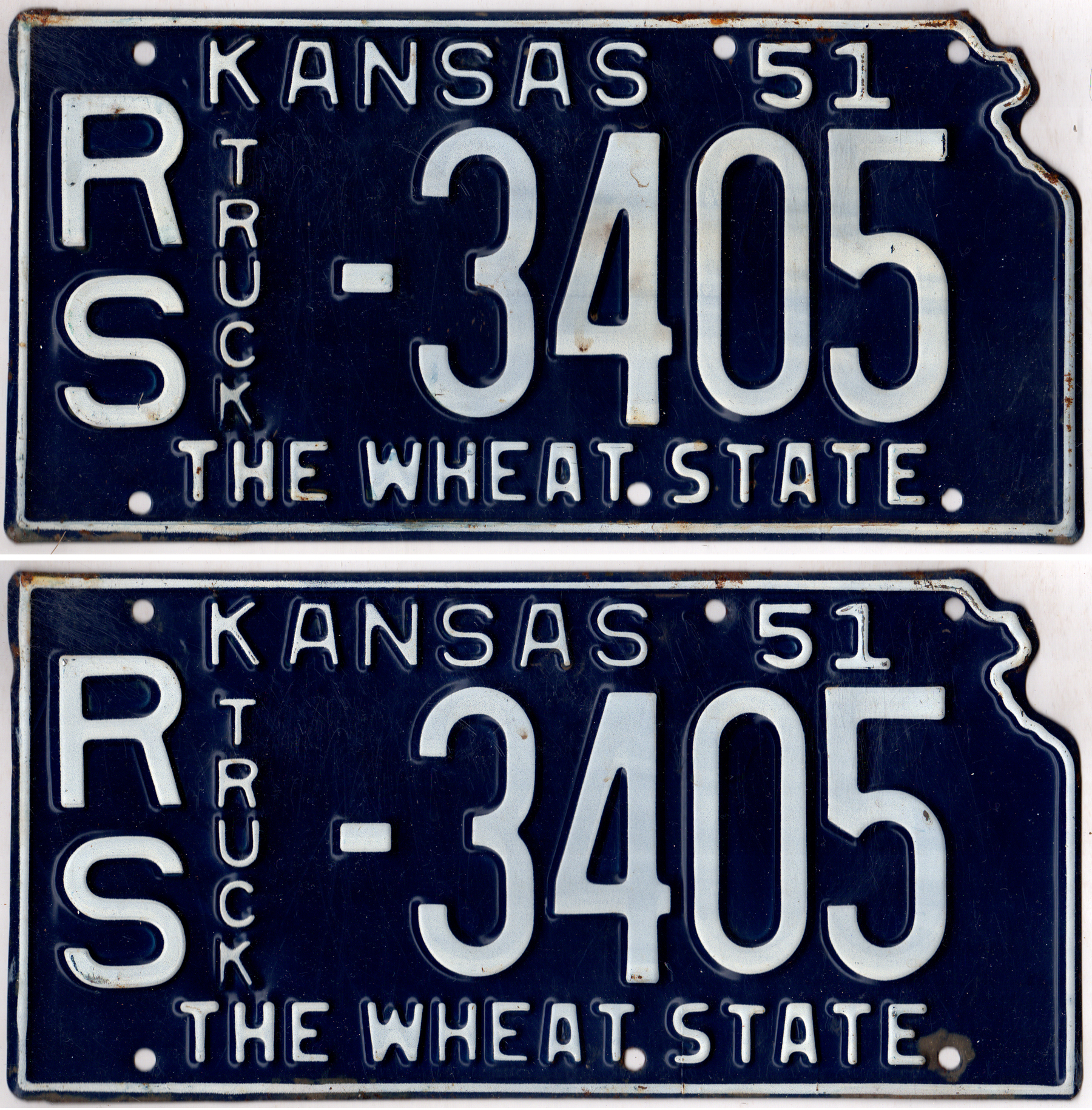 Kansas 1951 1952 1953 truck license plate pair Russell county #RS-3405