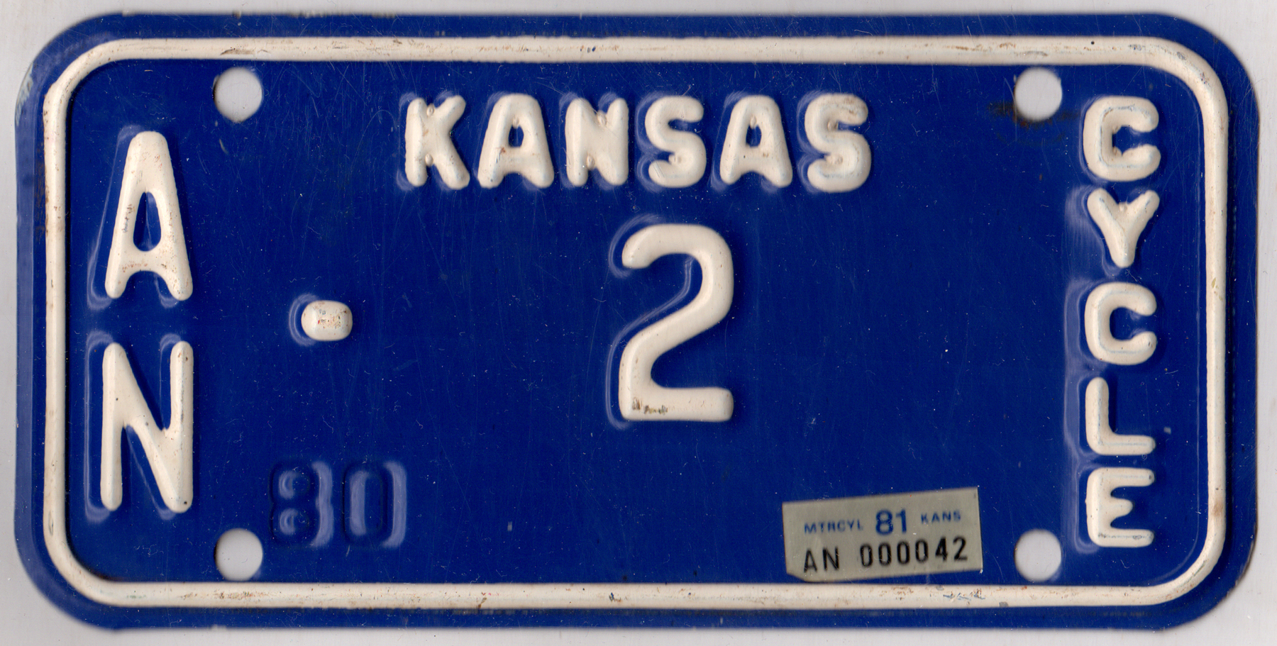 Kansas 1980 1981 motorcycle license plate Anderson county #AN-2