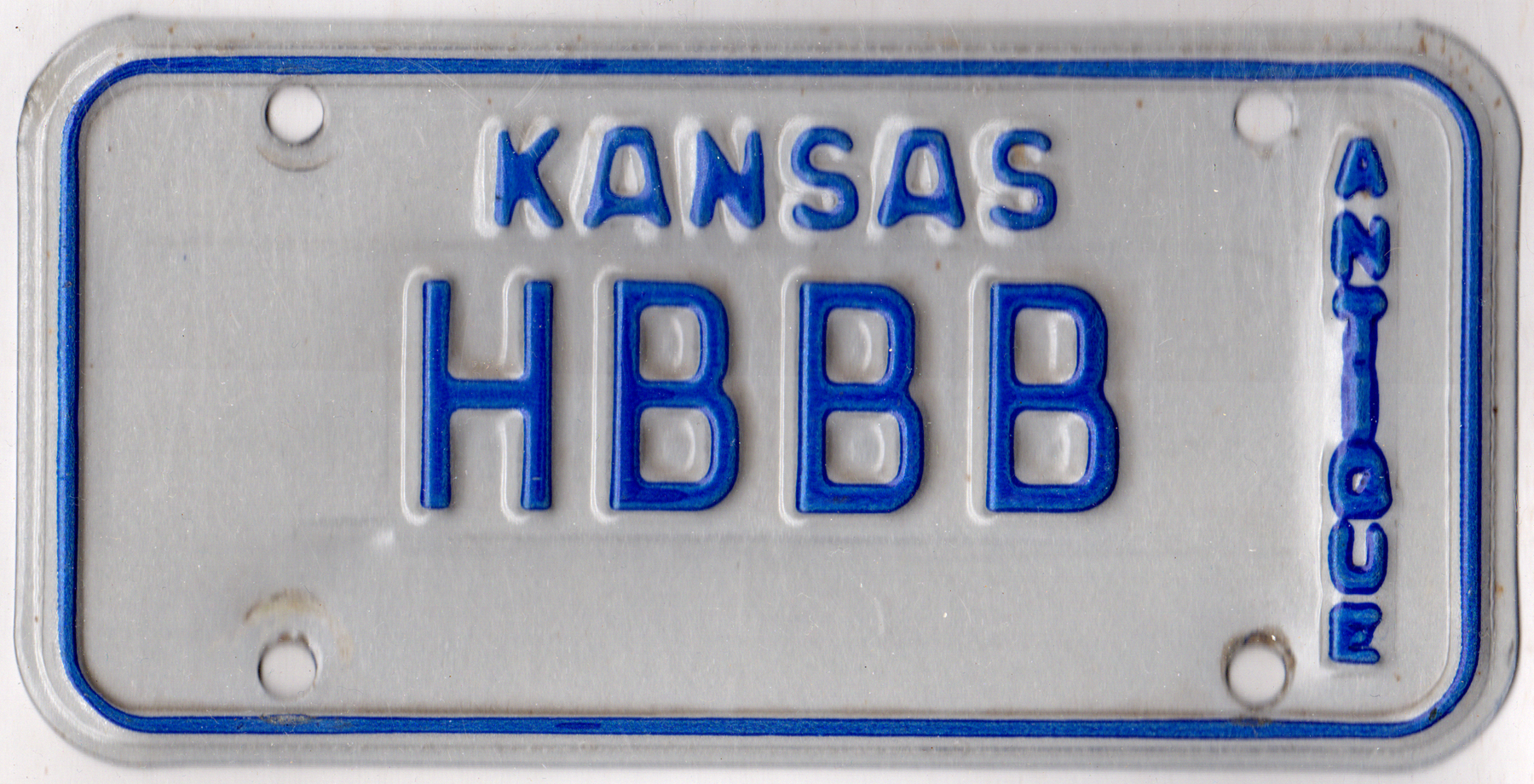 Kansas antique motorcycle license plate #HBBB