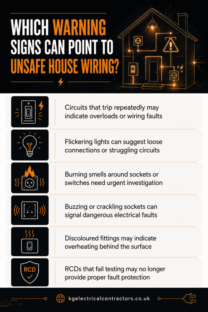 Which warning signs can point to unsafe house wiring