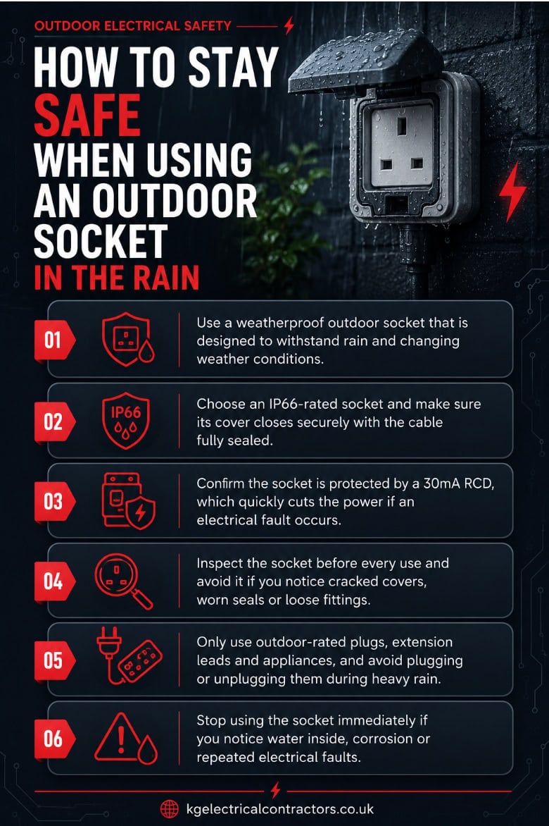 How to say safe when using an outdoor socket in the rain