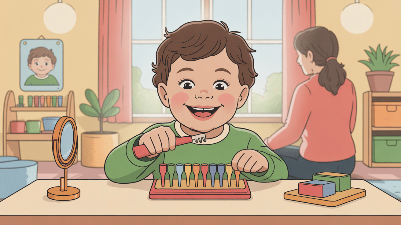 Enfant brossage de dents Montessori devant miroir marchepied parent