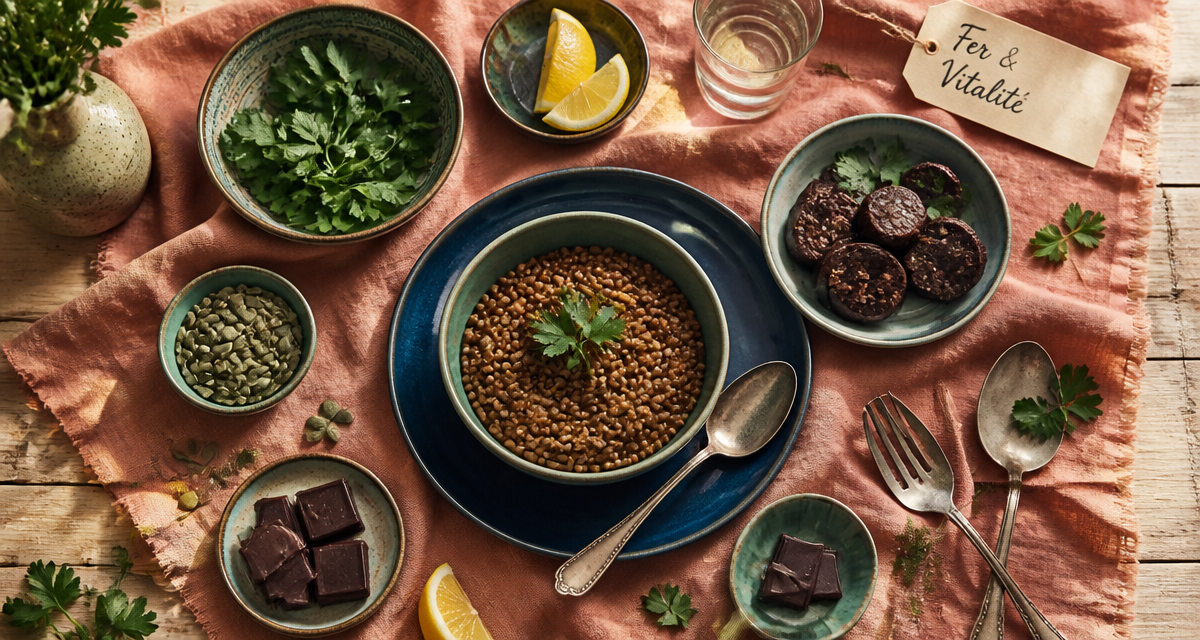 aliment pour manque de fer sur table avec aliments variés