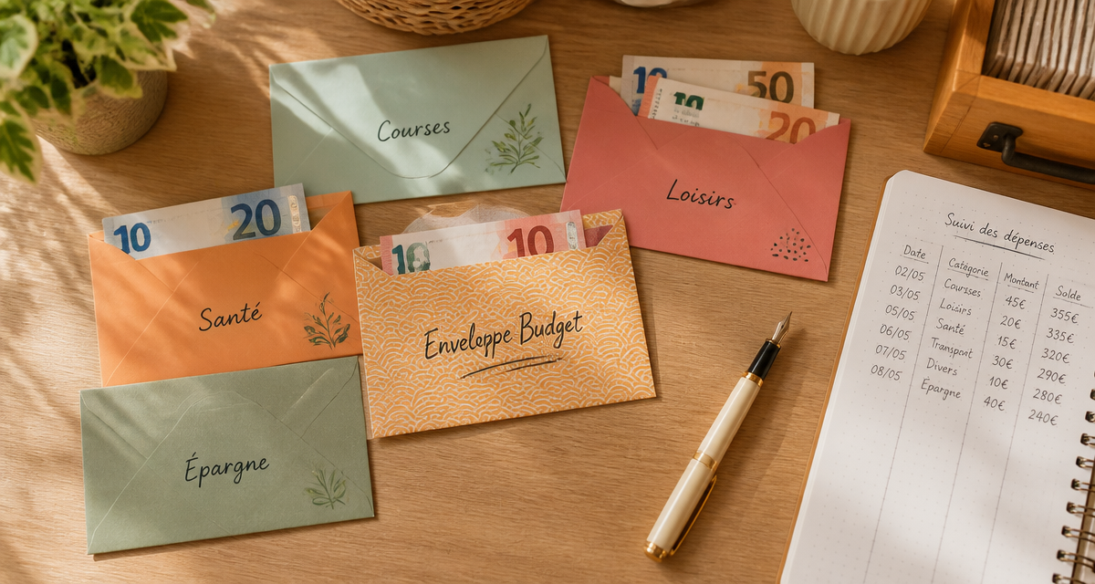 enveloppe budget à imprimer sur bureau en bois