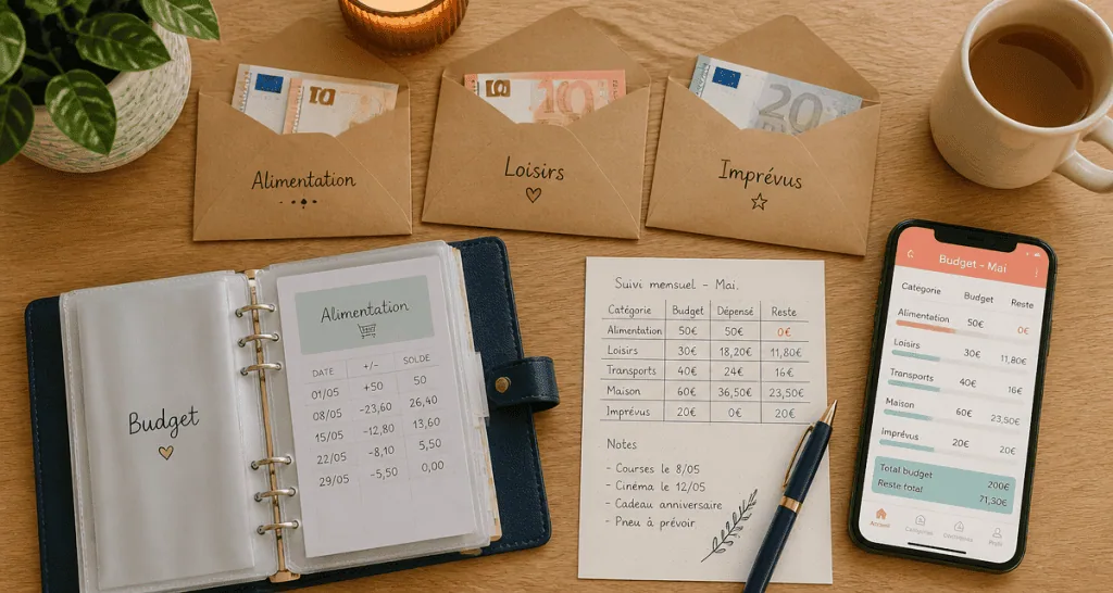 enveloppe budgétaire sur table avec euros et suivi