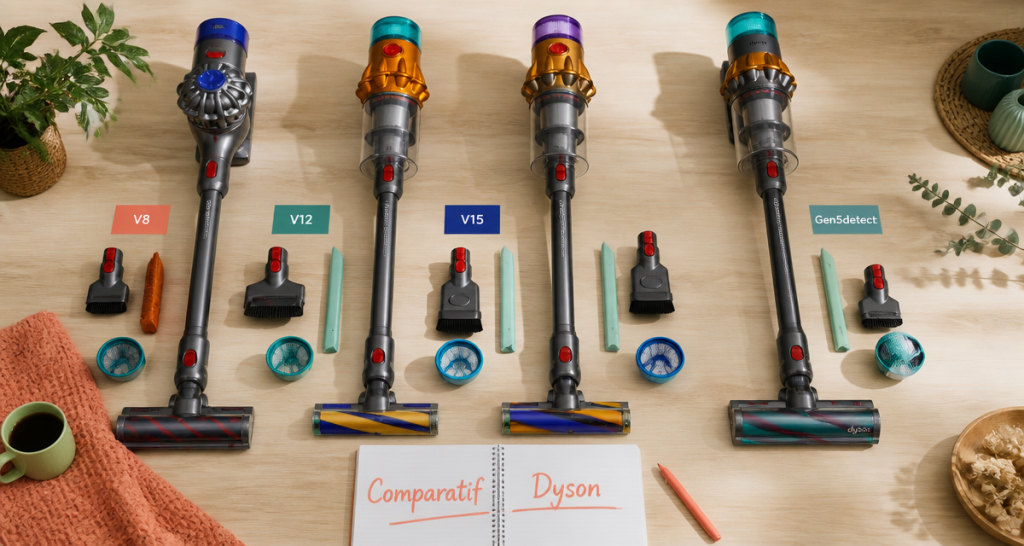 meilleur aspirateur balai dyson v8 v12 v15 gen5detect alignés