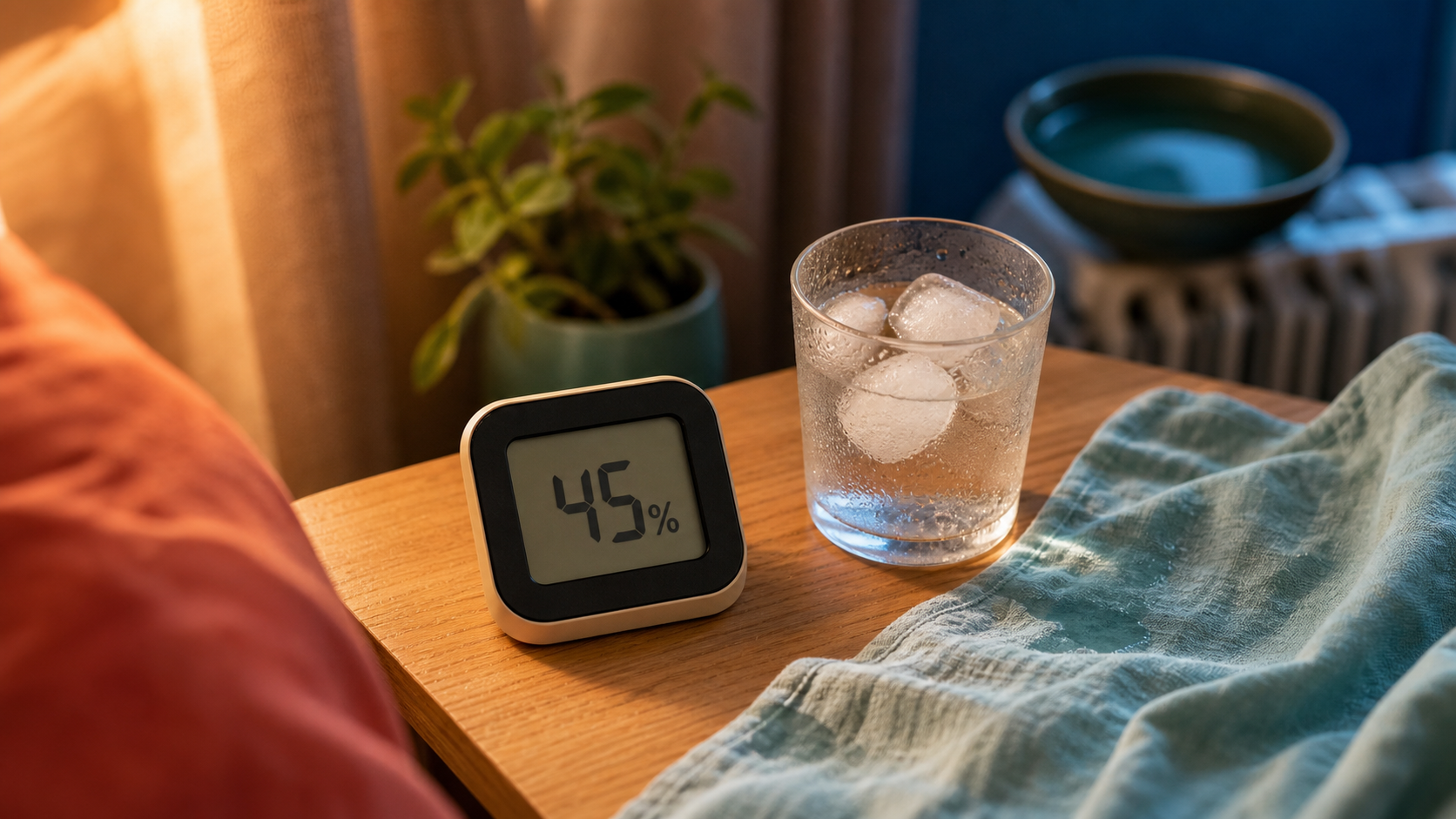 Comment humidifier une chambre : hygromètre et verre d’eau pour humidifier l’air