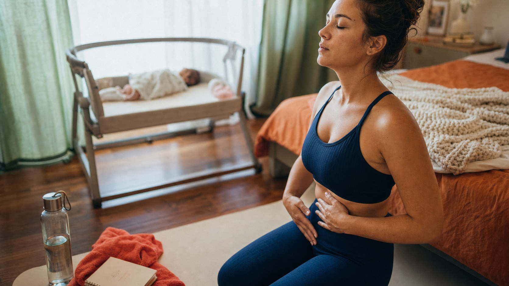 Gainage post partum : mère allongée respirant sur tapis yoga