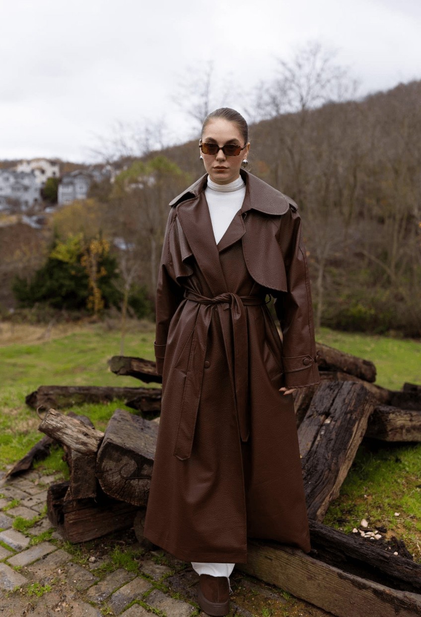 Leather effect trench - coffee - Image 4