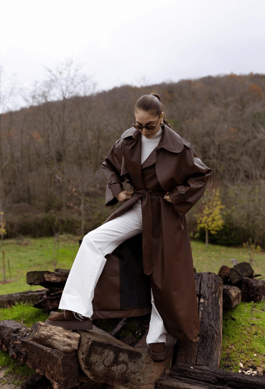Leather effect trench - coffee - Image 7