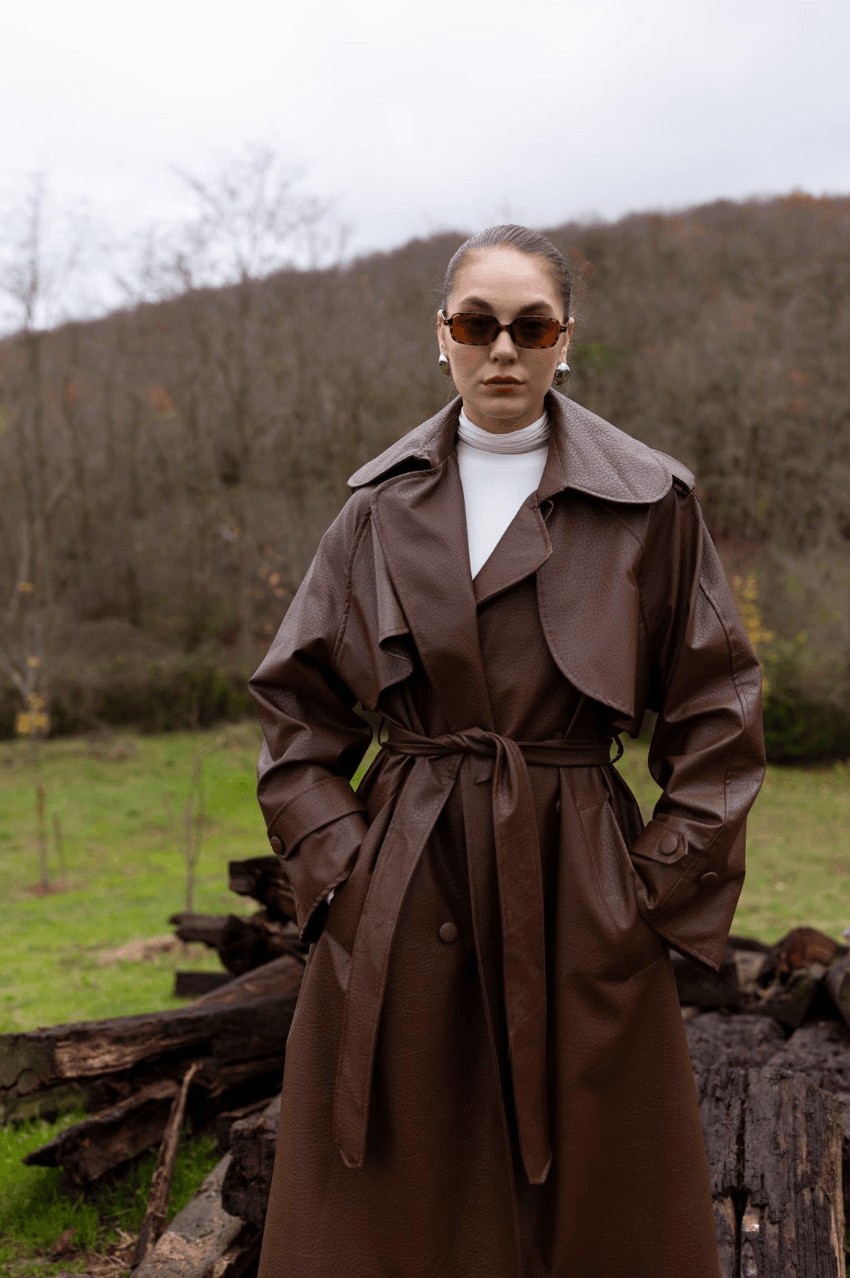Leather effect trench - coffee