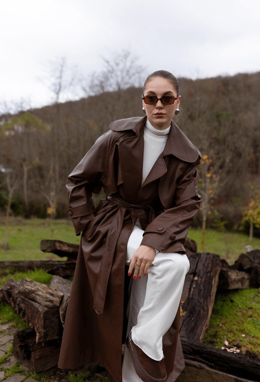 Leather effect trench - coffee - Image 3