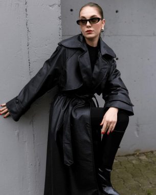 Leather effect trench - black