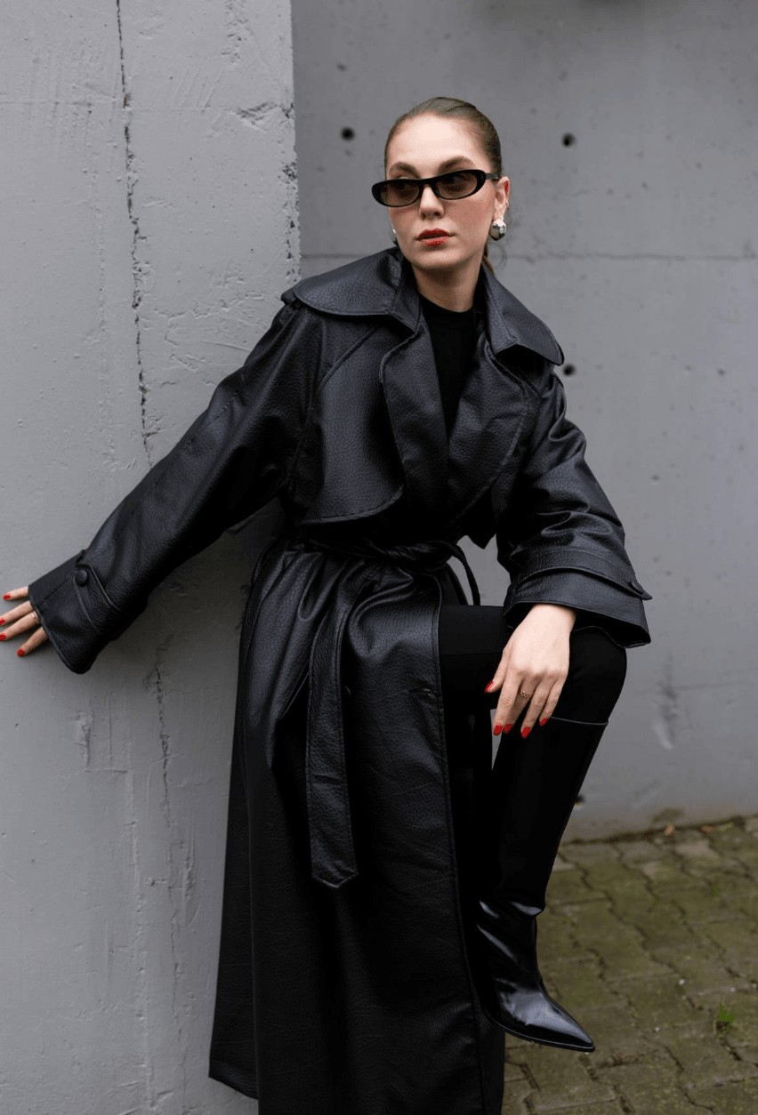 Leather effect trench - black