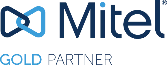 Mitel Gold Partner logo with company branding and partnership badge.