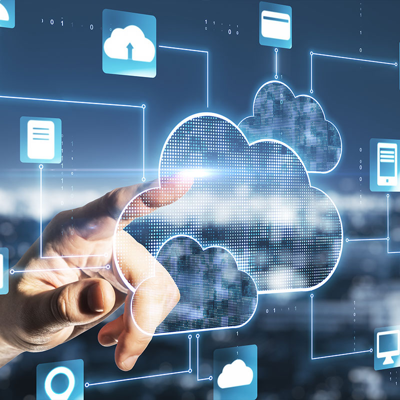 Digital cloud network with interconnected icons representing data and cloud services.