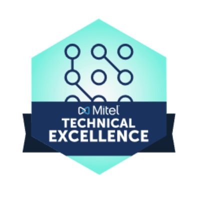Mitel Technical Excellence badge with network nodes and connections.