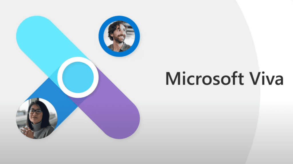 Microsoft Viva logo with diverse professionals using digital devices.