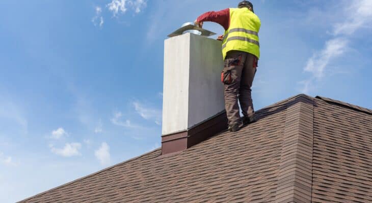 mężczyzna na dachu przy kominie