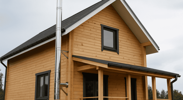 Zewnętrzny komin w domu szkieletowym