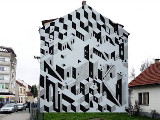 Mural "Grad" u Prijedoru, autor umjetnička grupa Dim Tim iz Beograda.
