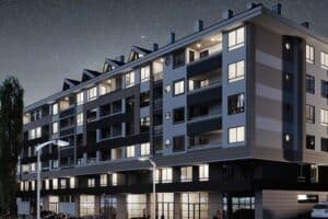 Noćni pogled na moderno uređenu zgradu Apartmana Maletić u mirnom dijelu Banje Luke.