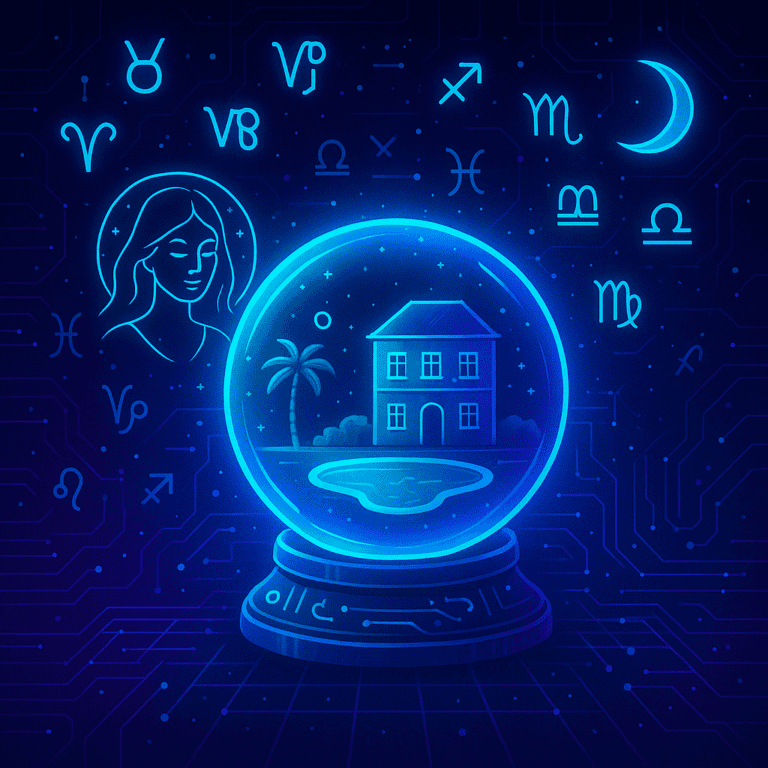 Digitalna ilustracija astro vodiča za luksuzna putovanja u maju sa magičnom kuglom i horoskopskim simbolima