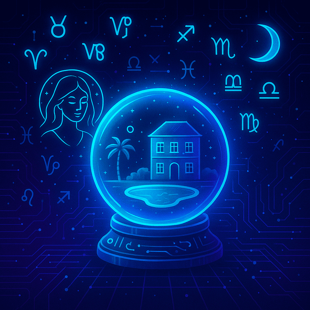 Digitalna ilustracija astro vodiča za luksuzna putovanja u maju sa magičnom kuglom i horoskopskim simbolima