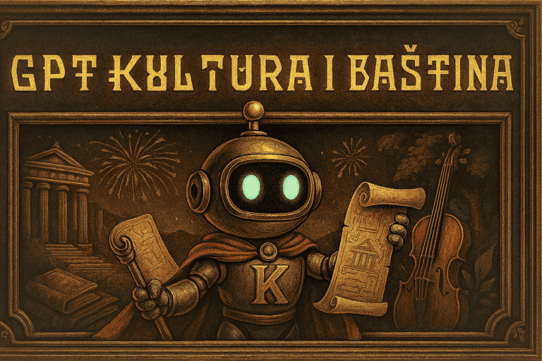 GPT Kultura i Baština – AI robot sa svitkom i kulturnim simbolima