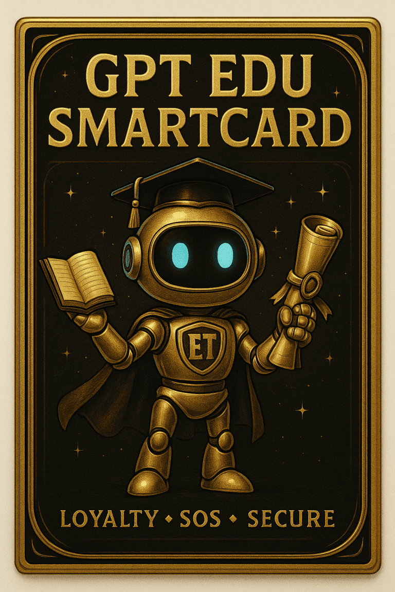 Zlatna edukativna kartica GPT Edu Smartcard sa diplomiranim avatarom i simbolima sigurnosti