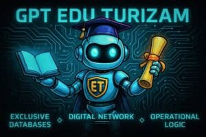 GPT Edu Turizam AI robot s knjigom i diplomom
