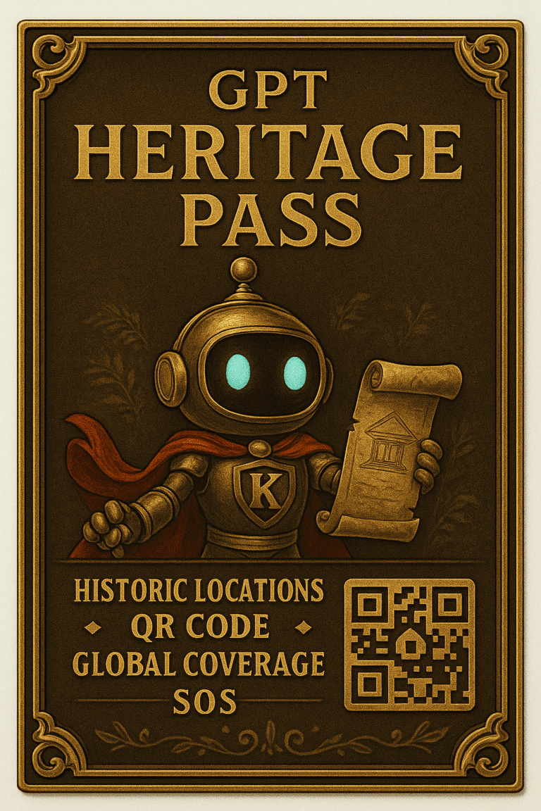 Zlatno-smeđa karta GPT Heritage Pass sa avatarom i mapom istorijskih lokacija