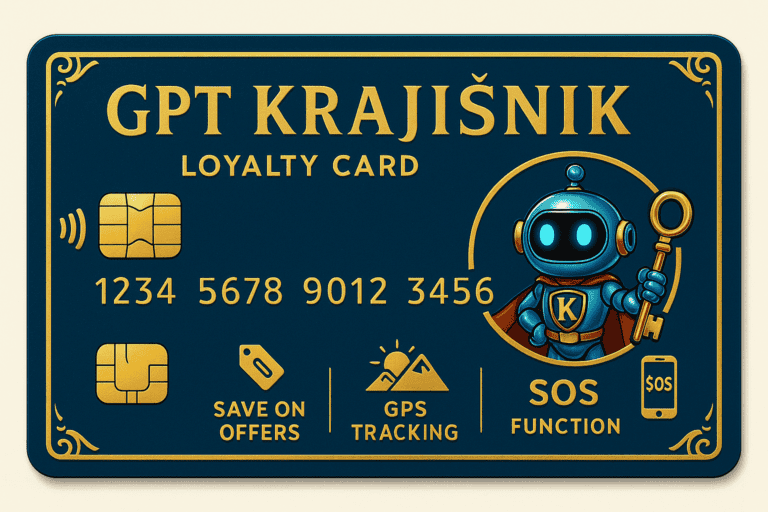 Plavo-zlatna GPT Krajišnik loyalty kartica sa AI robotom i funkcijama GPS i SOS